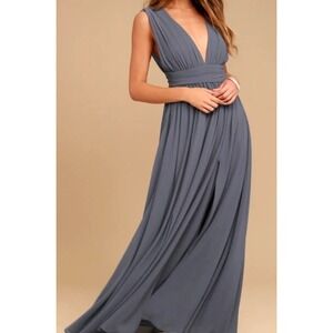 NWT Lulus Heavenly Hues Dusty Blue Maxi Dress Pleated V-Neck Gown Womens Sz S